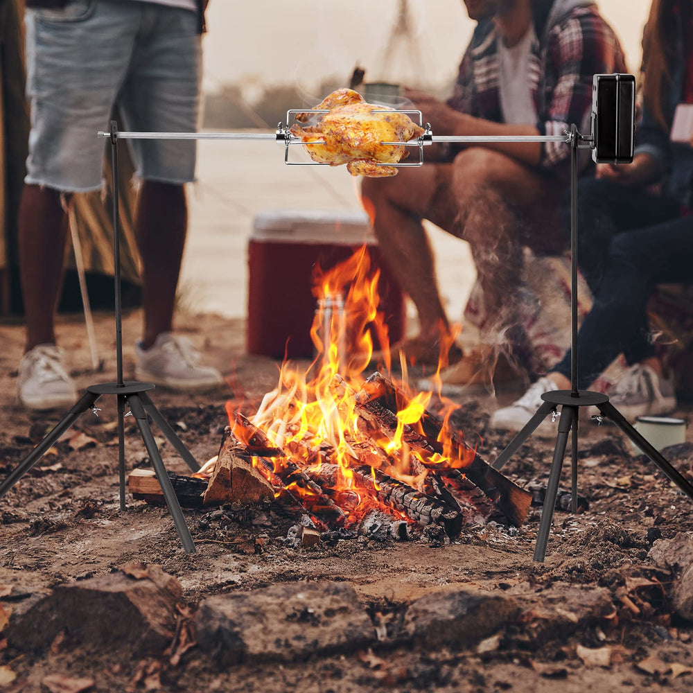 onlyfire lifestyle shot roasting whole chicken over campfire showing hands-free convenience