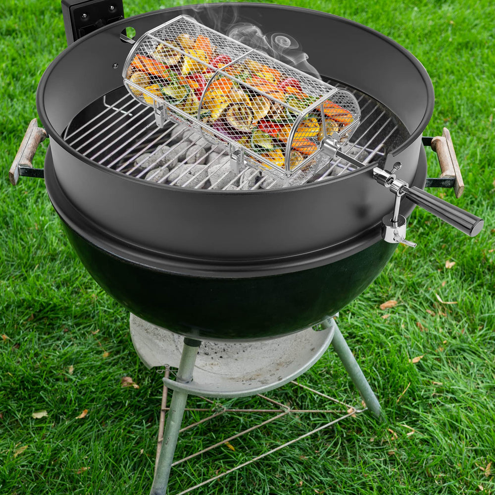 onlyfire basket in an outdoor grill setting, showing convenient rotisserie use