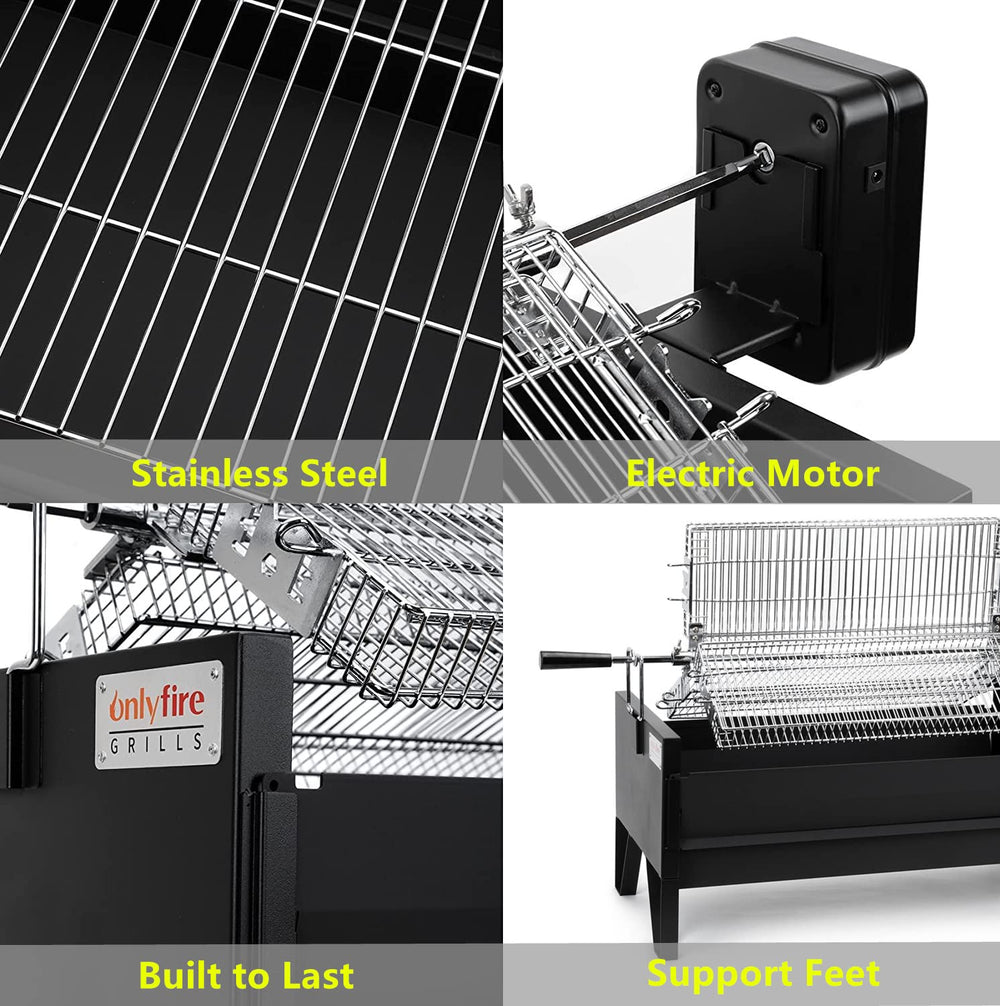 ONLYFIRE GRILLS motor and power adapter detail demonstrating dual-power convenience