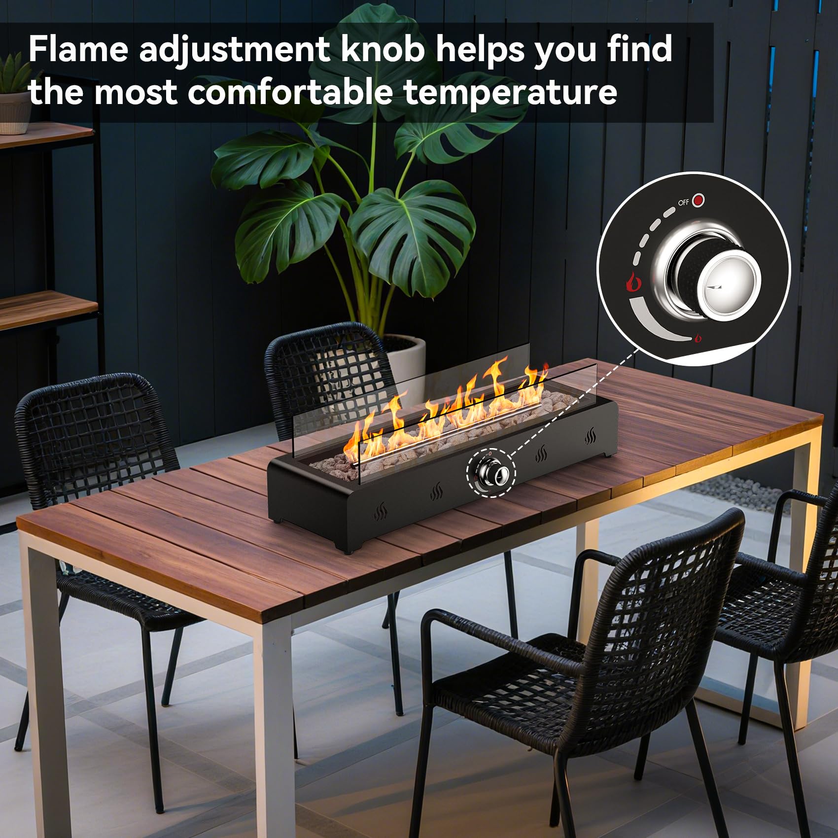 onlyfire mounted on a patio table illustrating safe placement and instant warmth