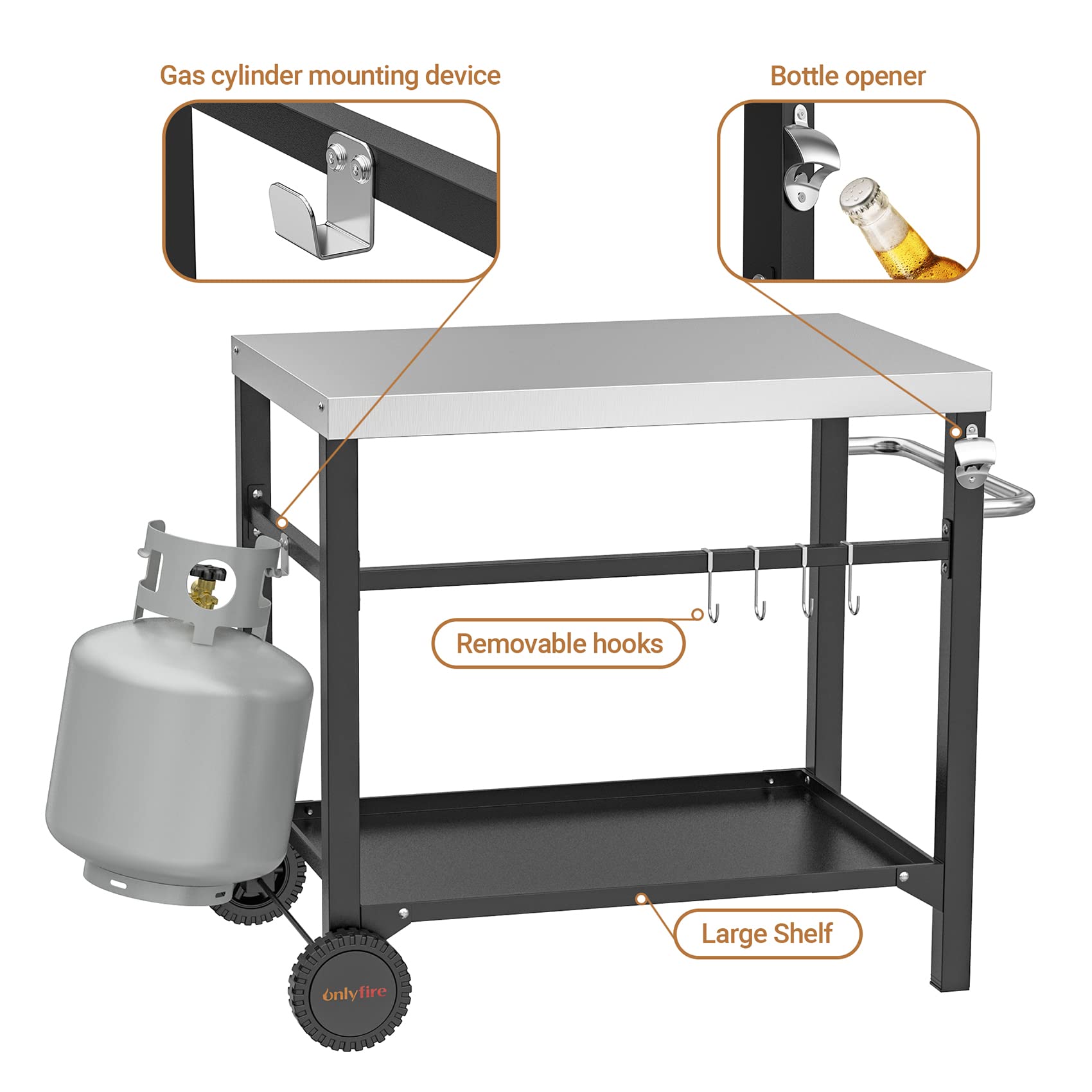 onlyfire propane hanger and four removable hooks organized for convenient access