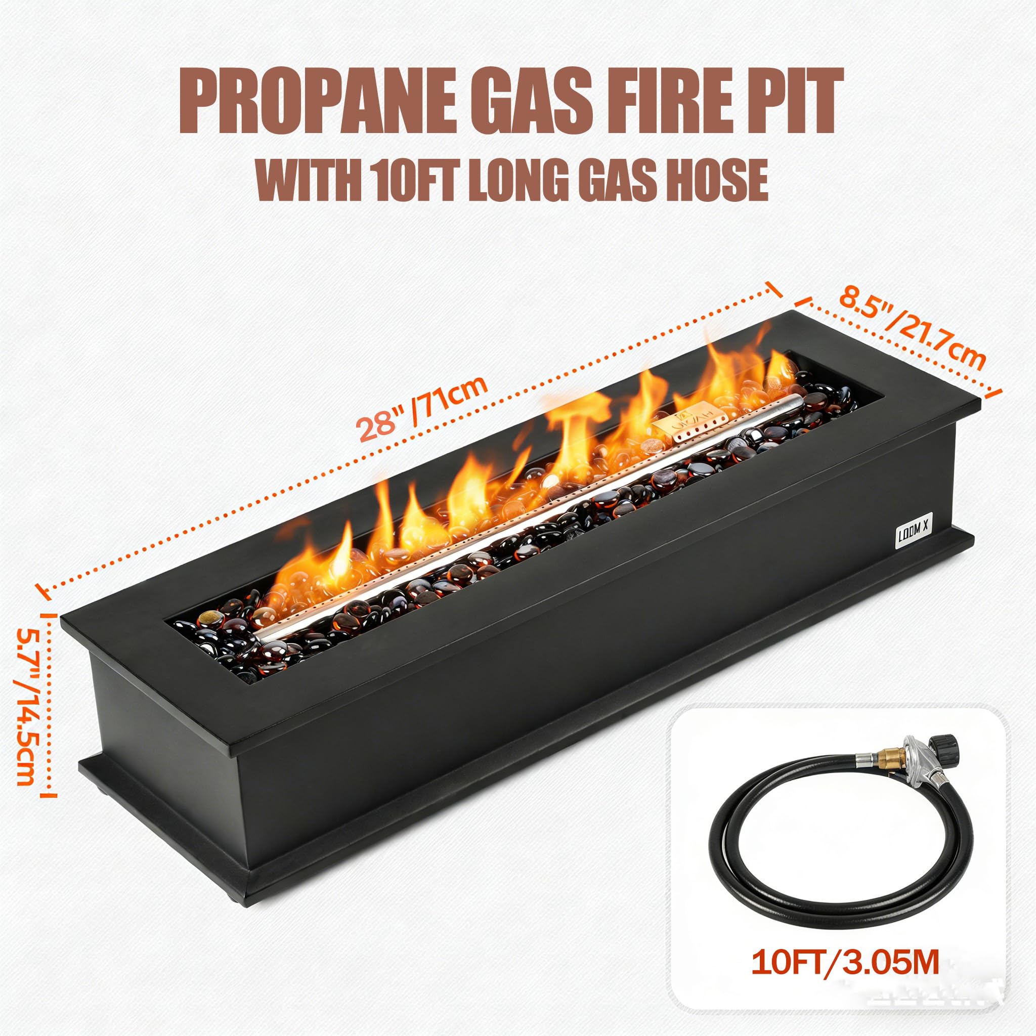 ONLYFIRE top close-up of rectangular burner and flame, highlights modern design