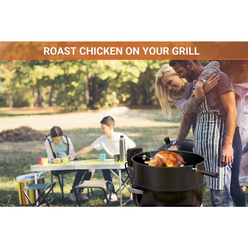onlyfire ring installed inside an 18-inch kettle showing secure rotisserie setup