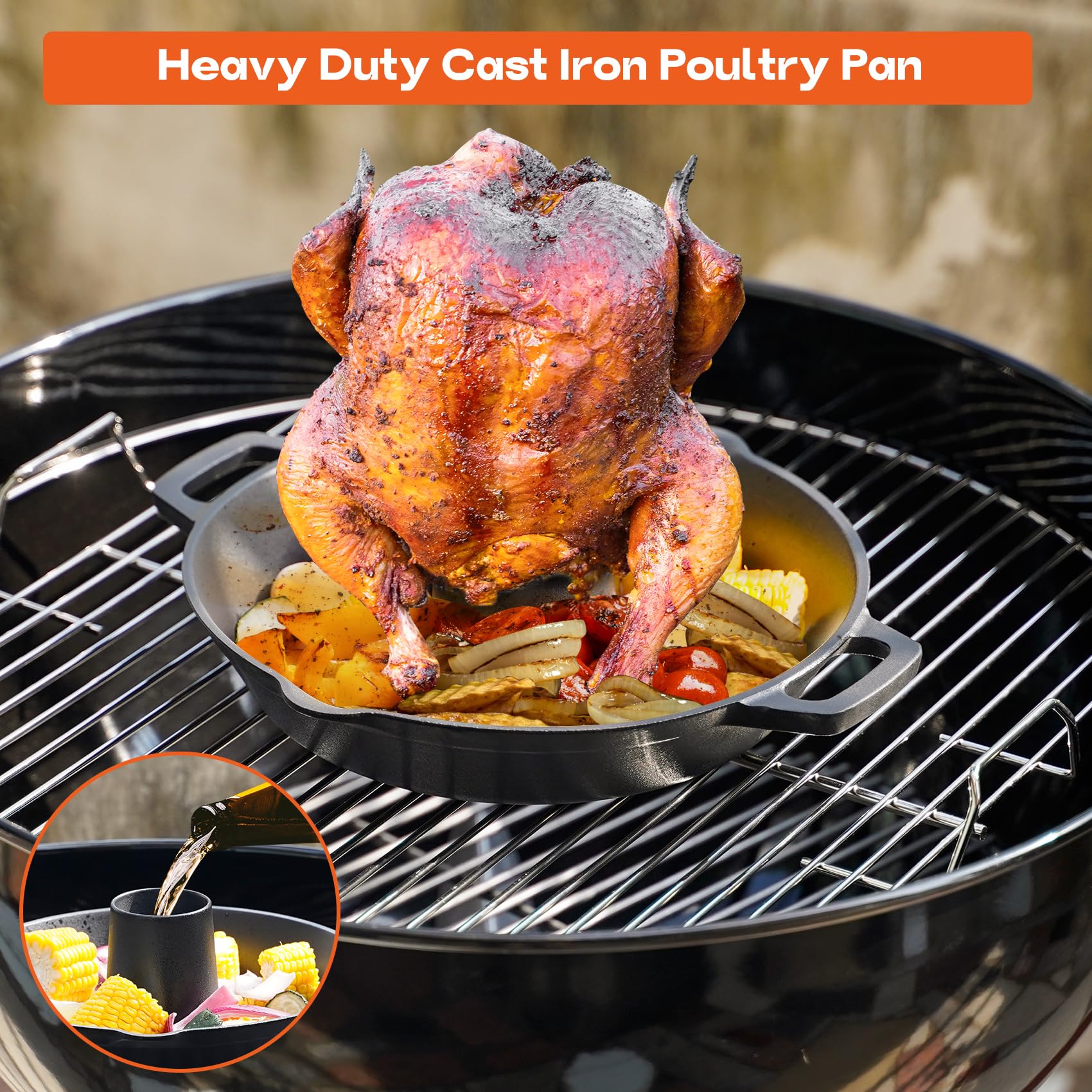 Onlyfire roaster holding roasted chicken showing crisp skin and juicy meat benefit