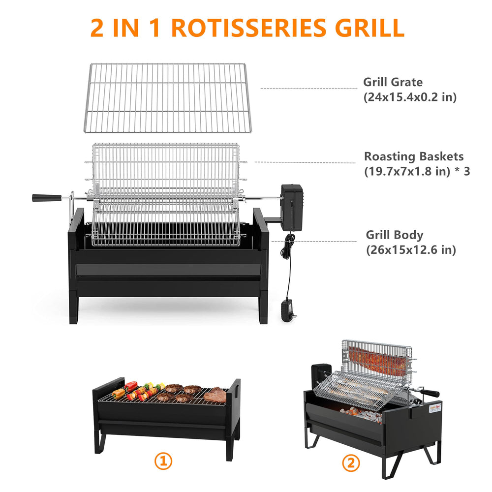 ONLYFIRE GRILLS close-up of three stainless rotisserie baskets for even roasting