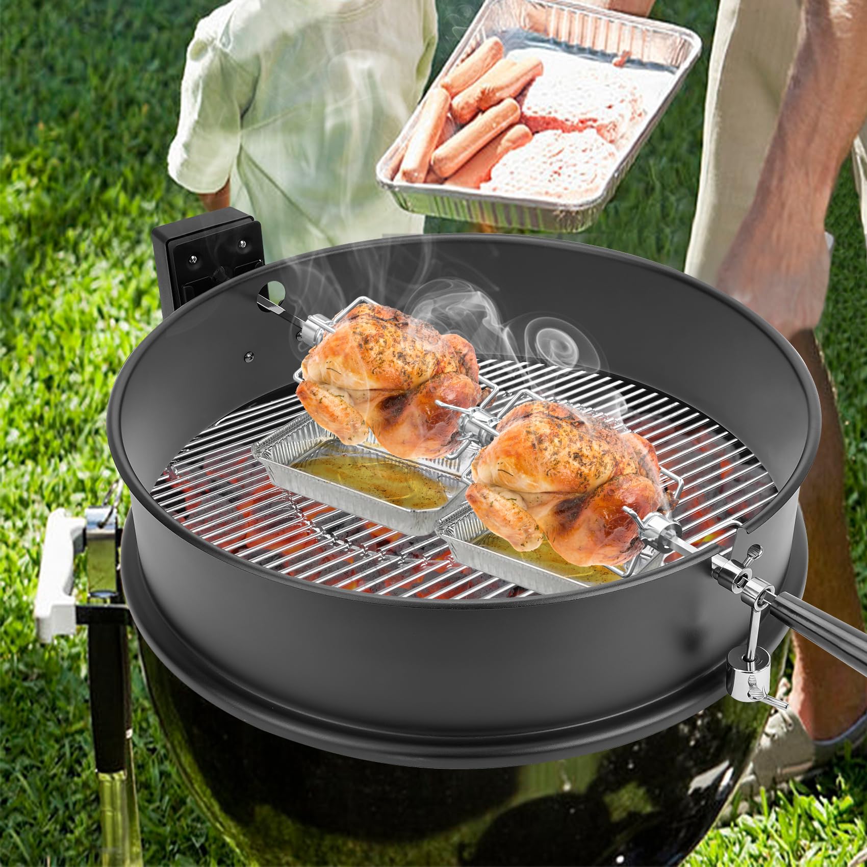 onlyfire rotisserie forks holding roasted chicken showing even cooking result