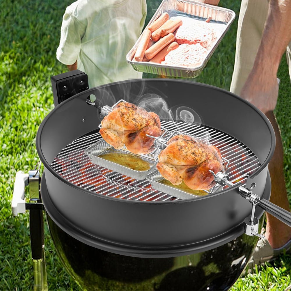 onlyfire rotisserie forks holding roasted chicken showing even cooking result