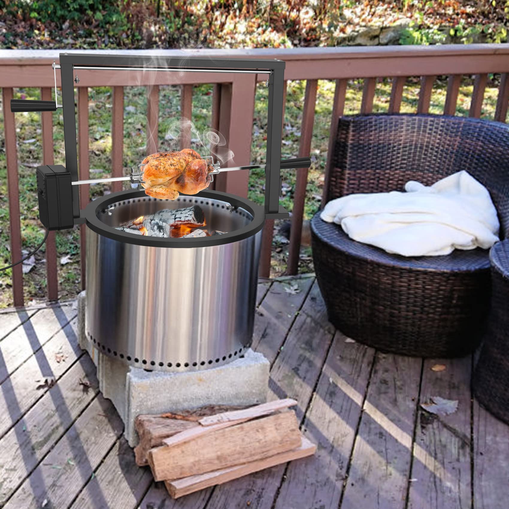onlyfire system installed over Solo Stove Bonfire showing hands-free roasting