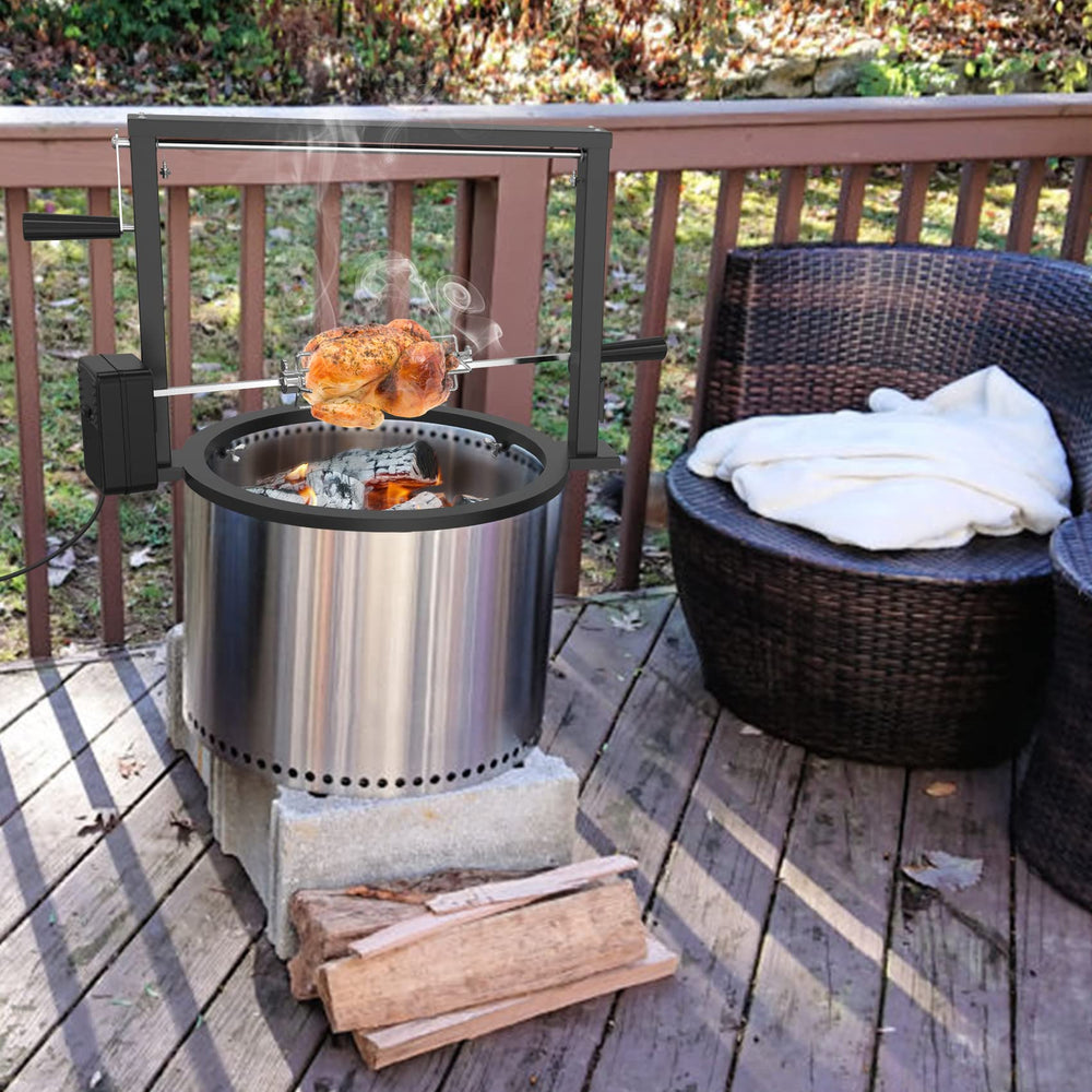 onlyfire system installed over Solo Stove Bonfire showing hands-free roasting