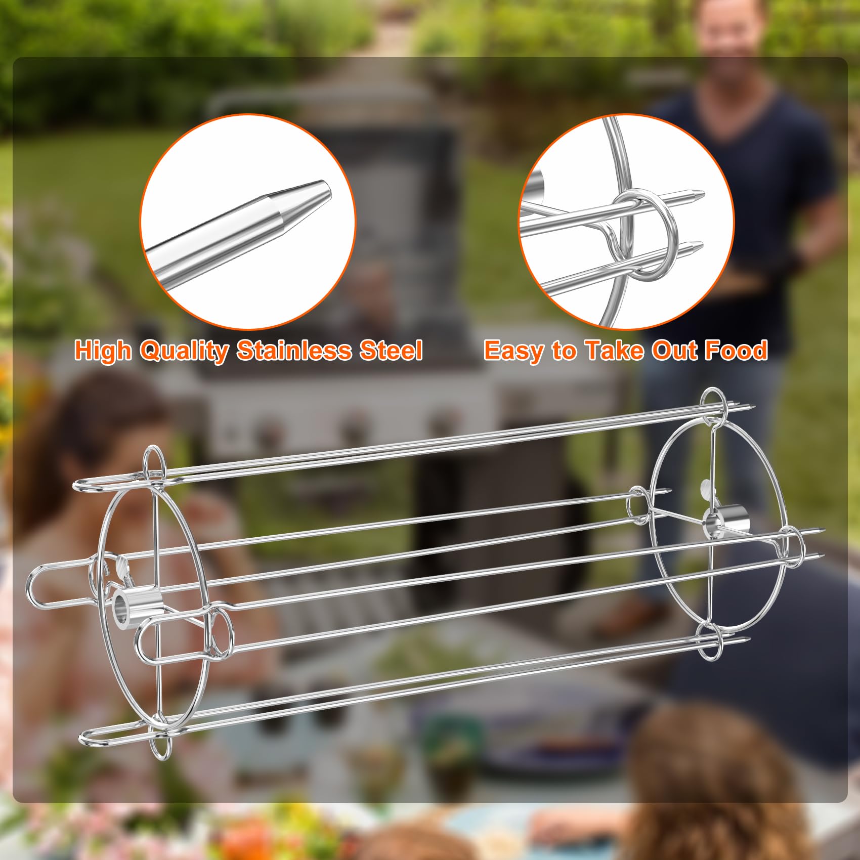 onlyfire skewers mounted on grill spit demonstrating even rotating cooking
