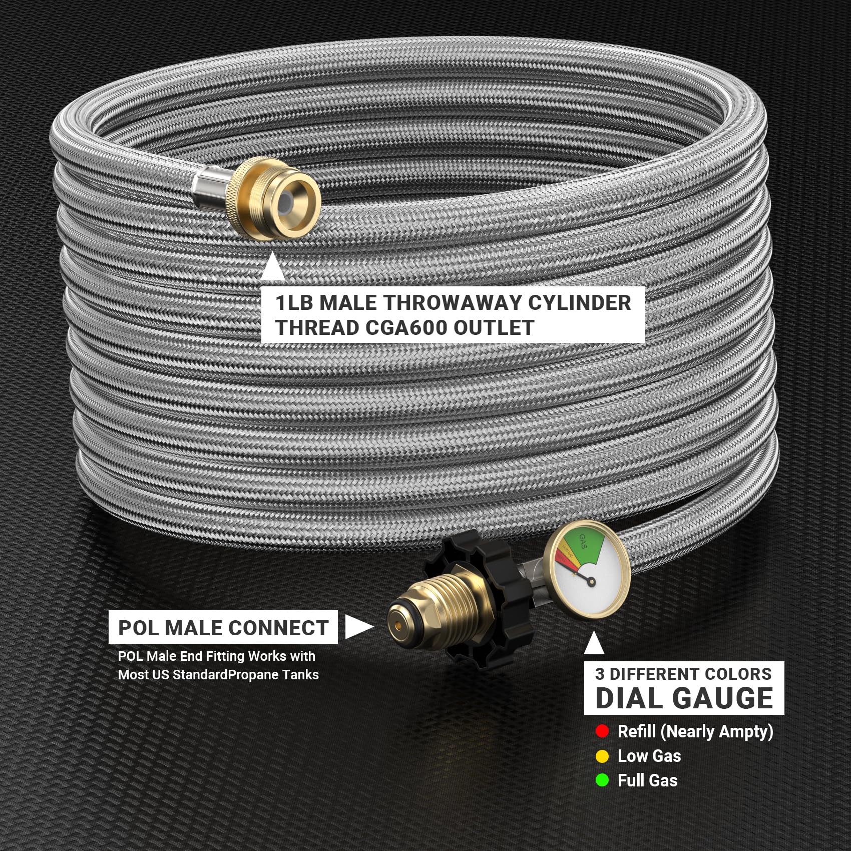 onlyfire close-up of stainless steel braided hose showing abrasion resistance and durable protection