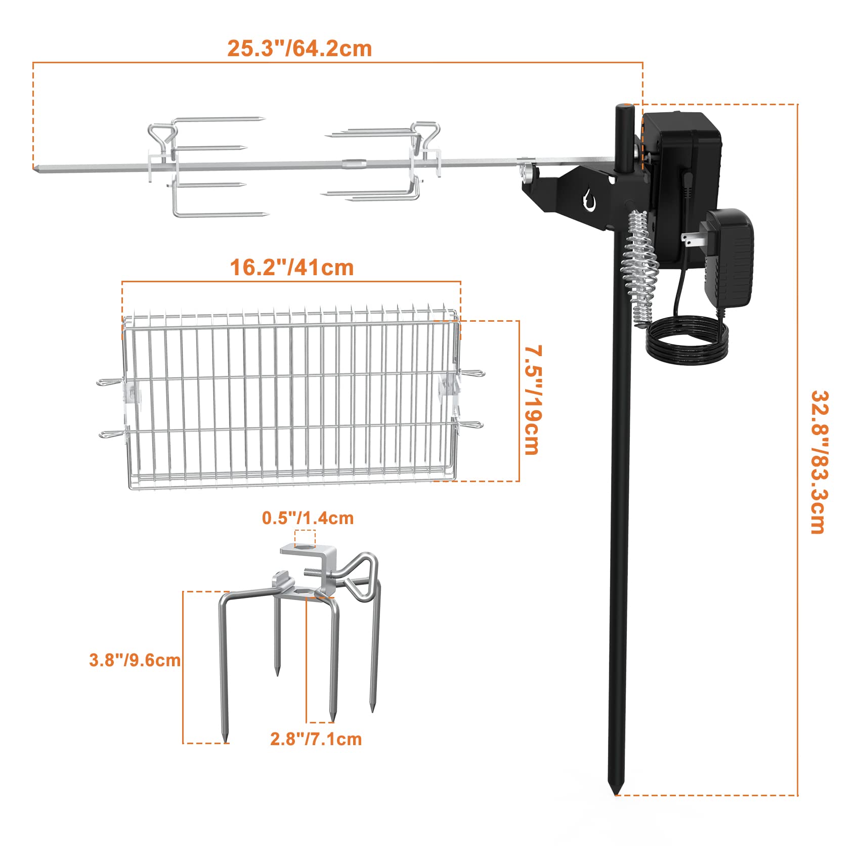 onlyfire steel support rod and stainless spit rod highlighting sturdy setup