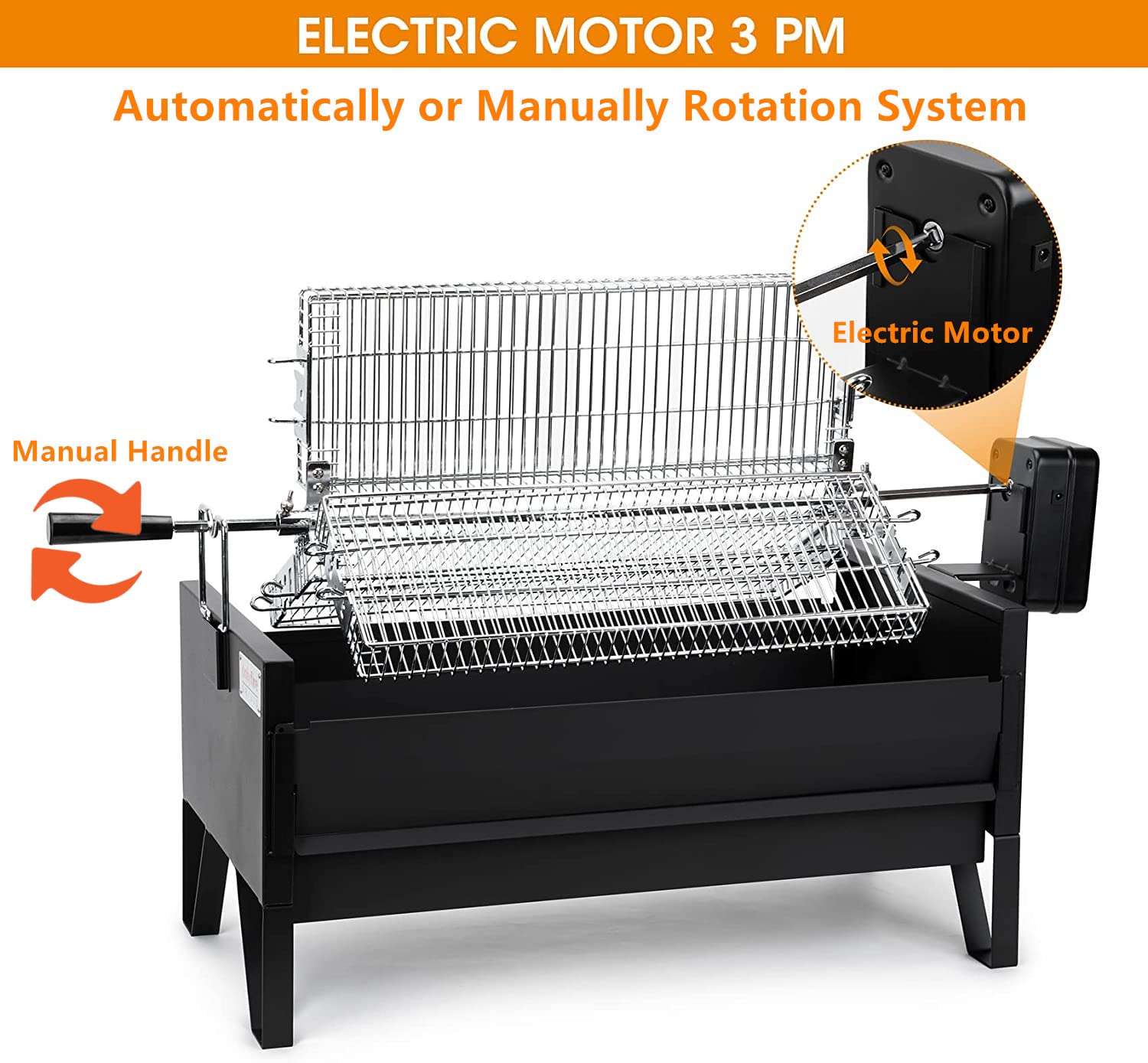 ONLYFIRE GRILLS three baskets rotating loaded with assorted foods for multi-cooking