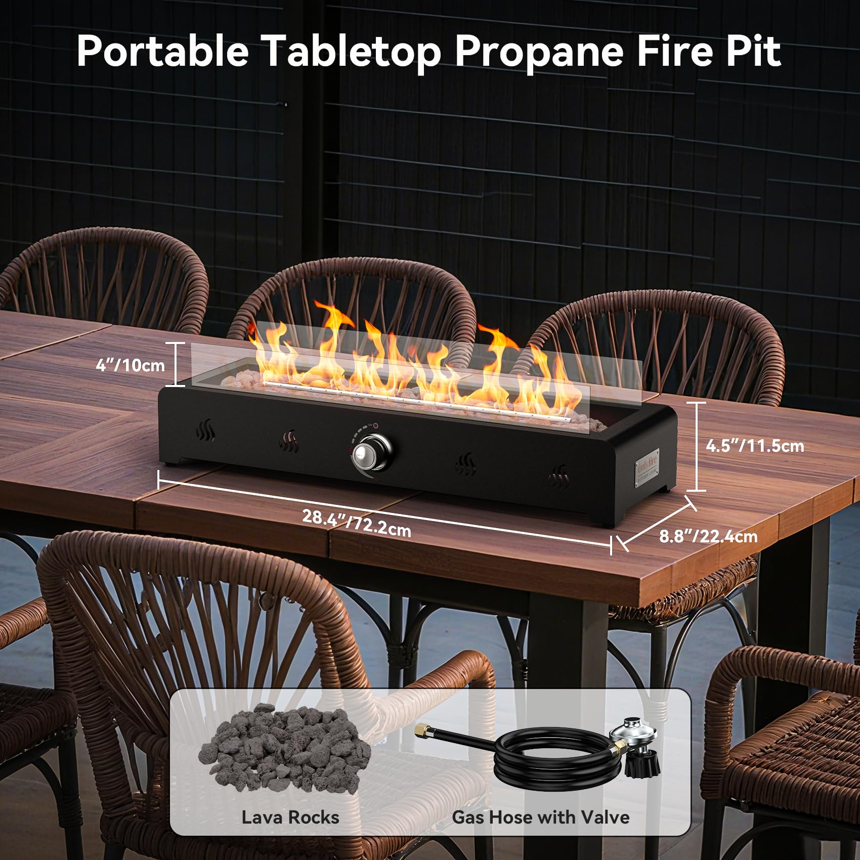 onlyfire top-down view of rectangular flame bowl with glowing lava rocks for ambiance