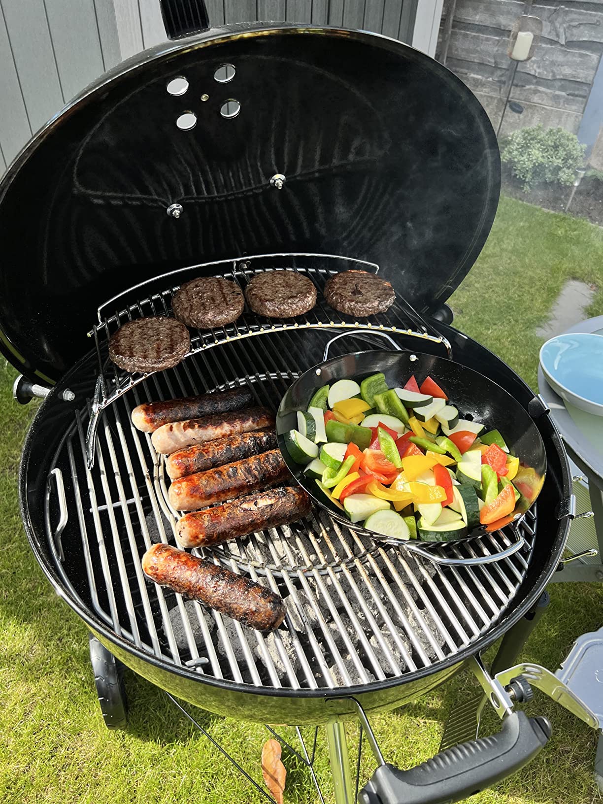 onlyfire warming rack with food on top tier keeping items warm and separated