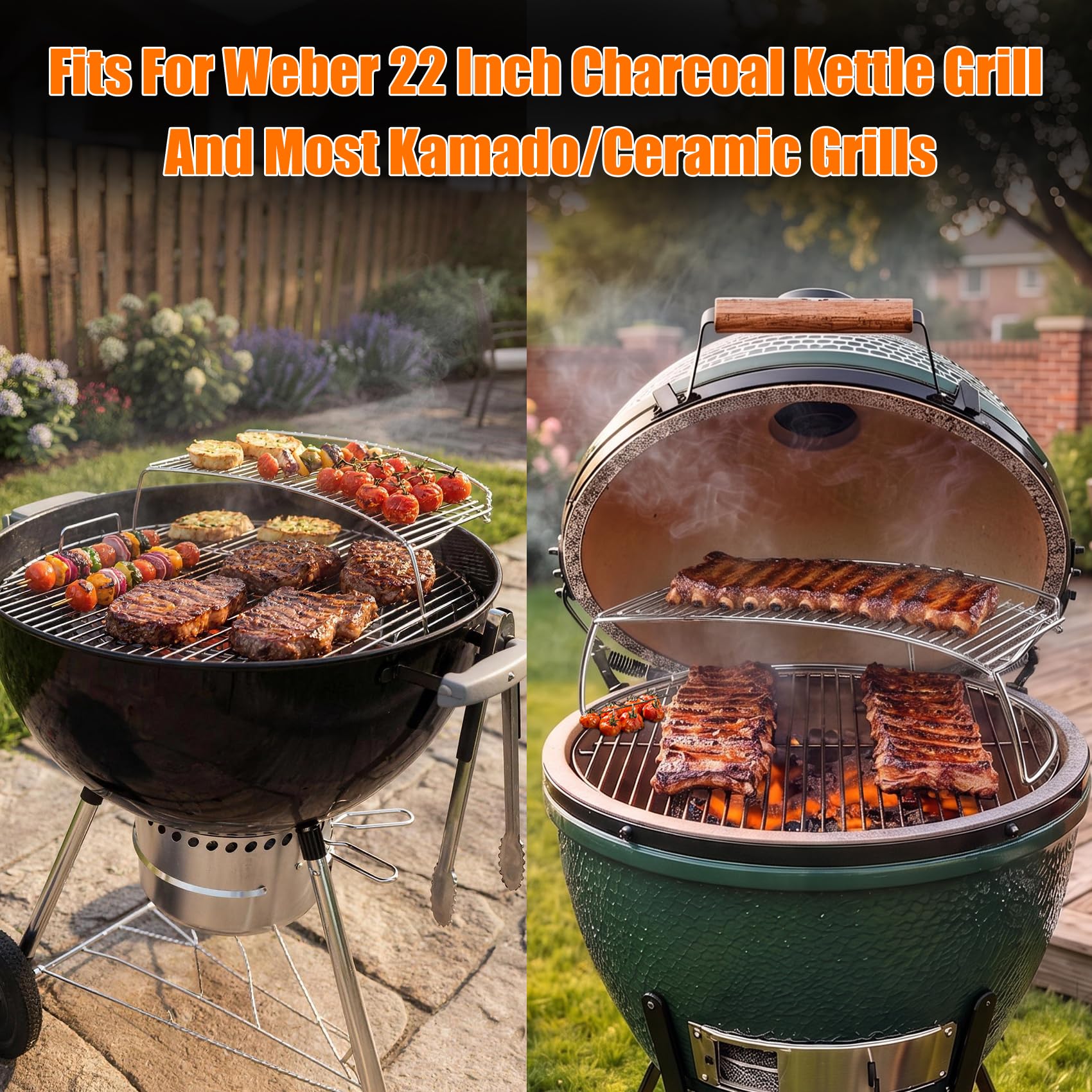 onlyfire warming rack fitted in a kamado grill showcasing universal fit benefit