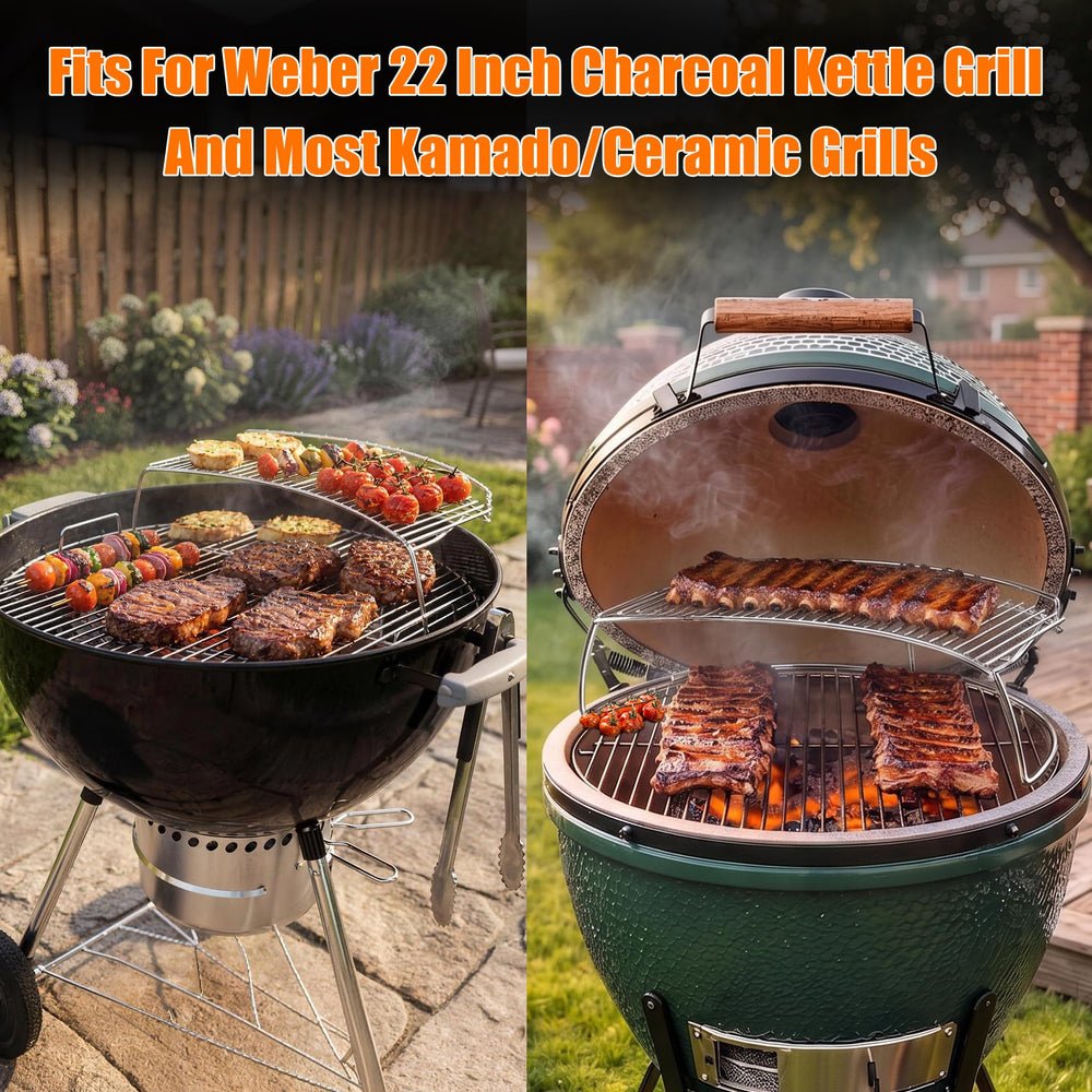 onlyfire warming rack fitted in a kamado grill showcasing universal fit benefit