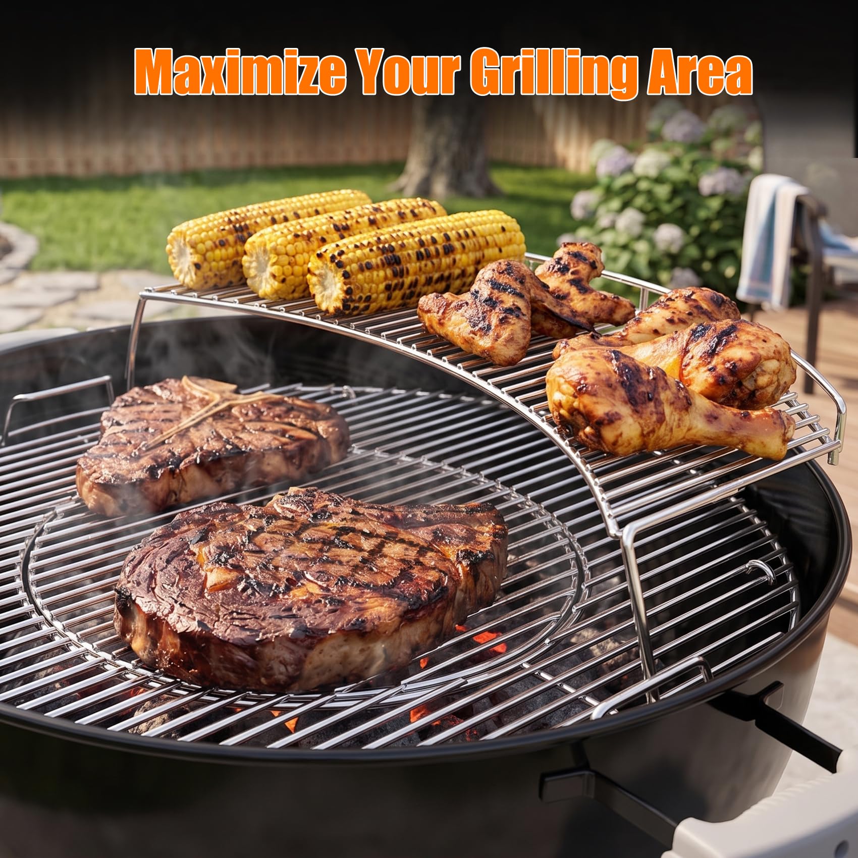 onlyfire warming rack installed in a charcoal kettle grill expanding capacity
