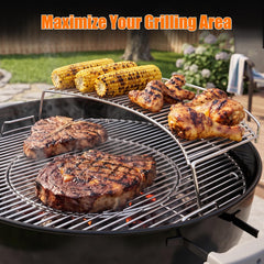 onlyfire warming rack installed in a charcoal kettle grill expanding capacity