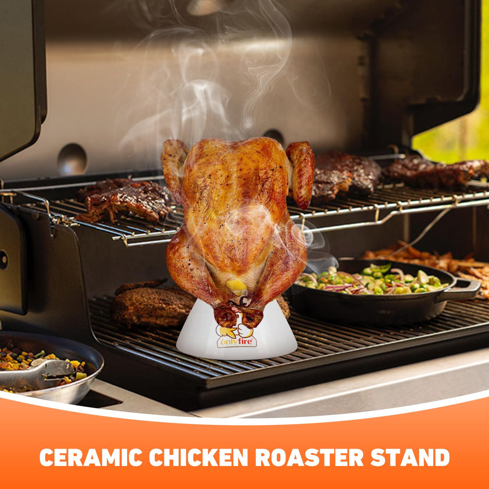 onlyfire roaster with chicken on grill illustrating hands-free roasting