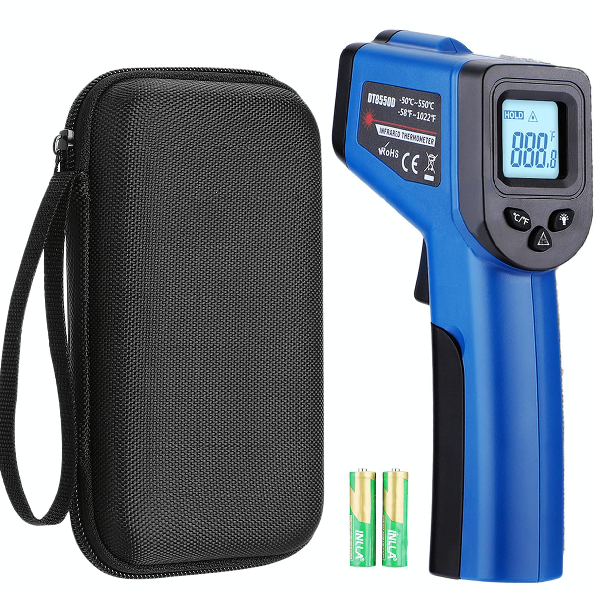 OnniFlame front view showing blue housing and ergonomic grip for comfortable use