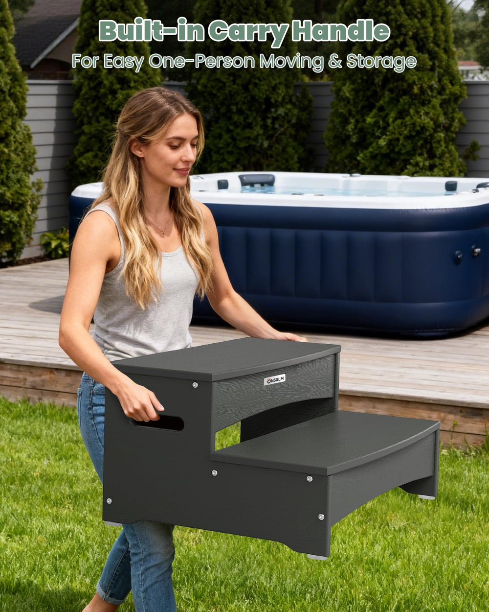 ONSGLM steps next to hot tub showing size and scale for easy access