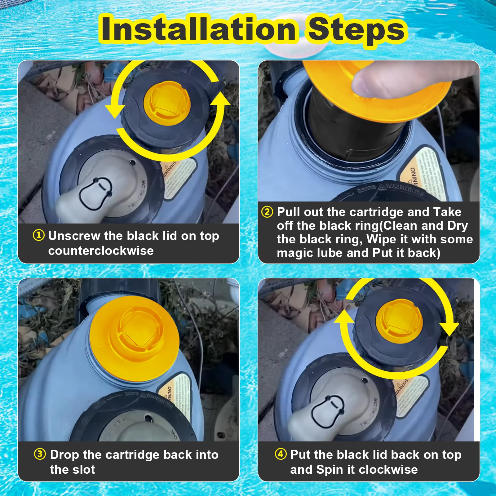 Onylraep cartridge in a backyard pool scene showing clearer water benefit