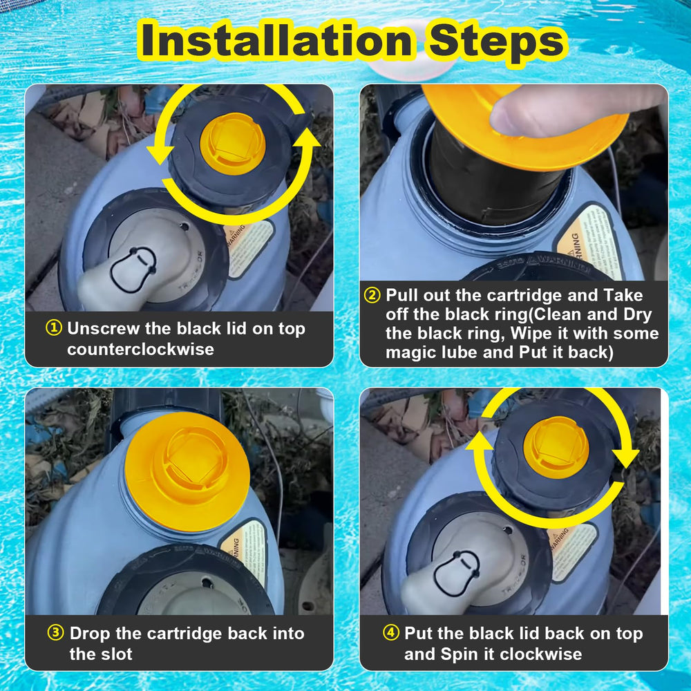 Onylraep cartridge in a backyard pool scene showing clearer water benefit