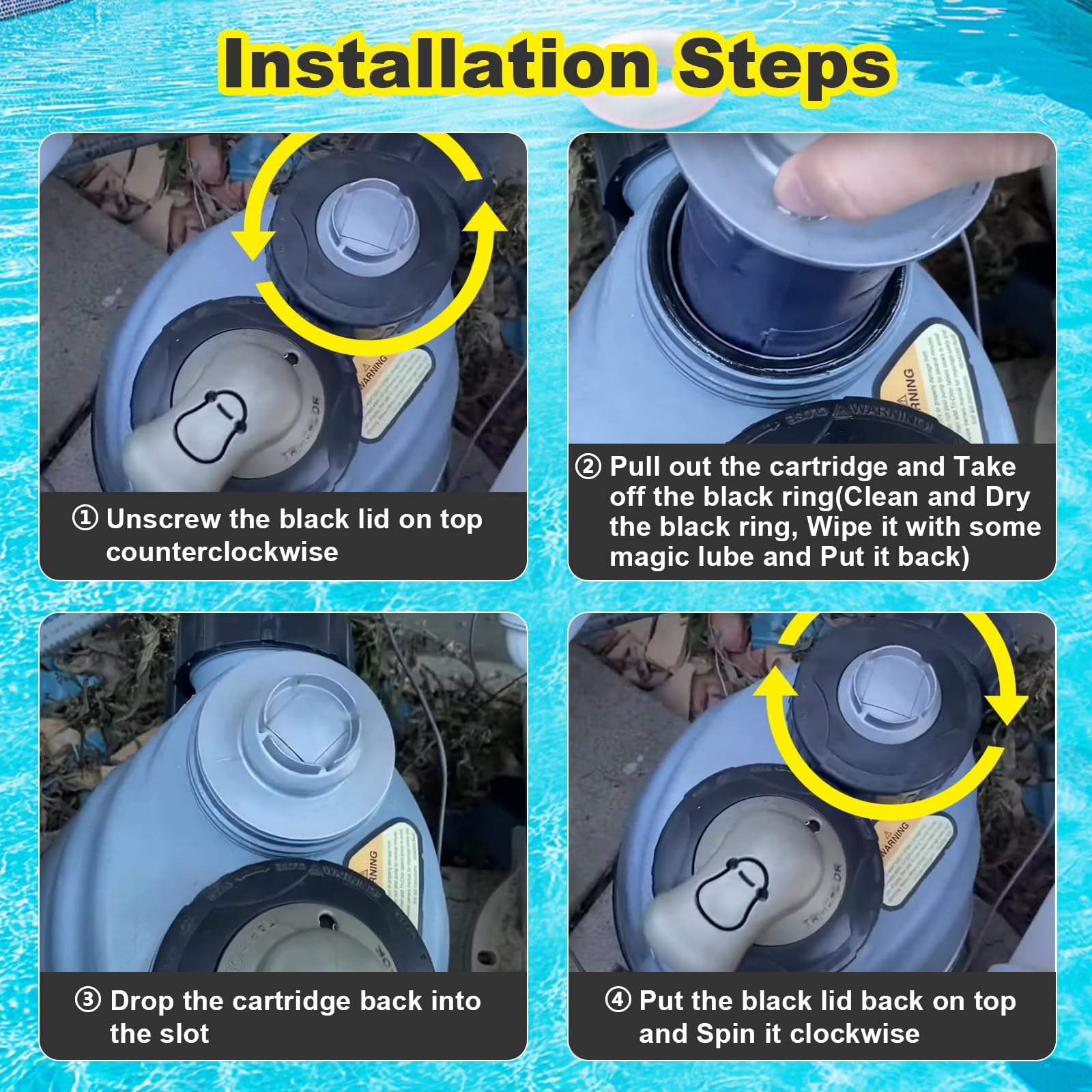 Onylraep cartridge by backyard pool illustrating clearer water benefit