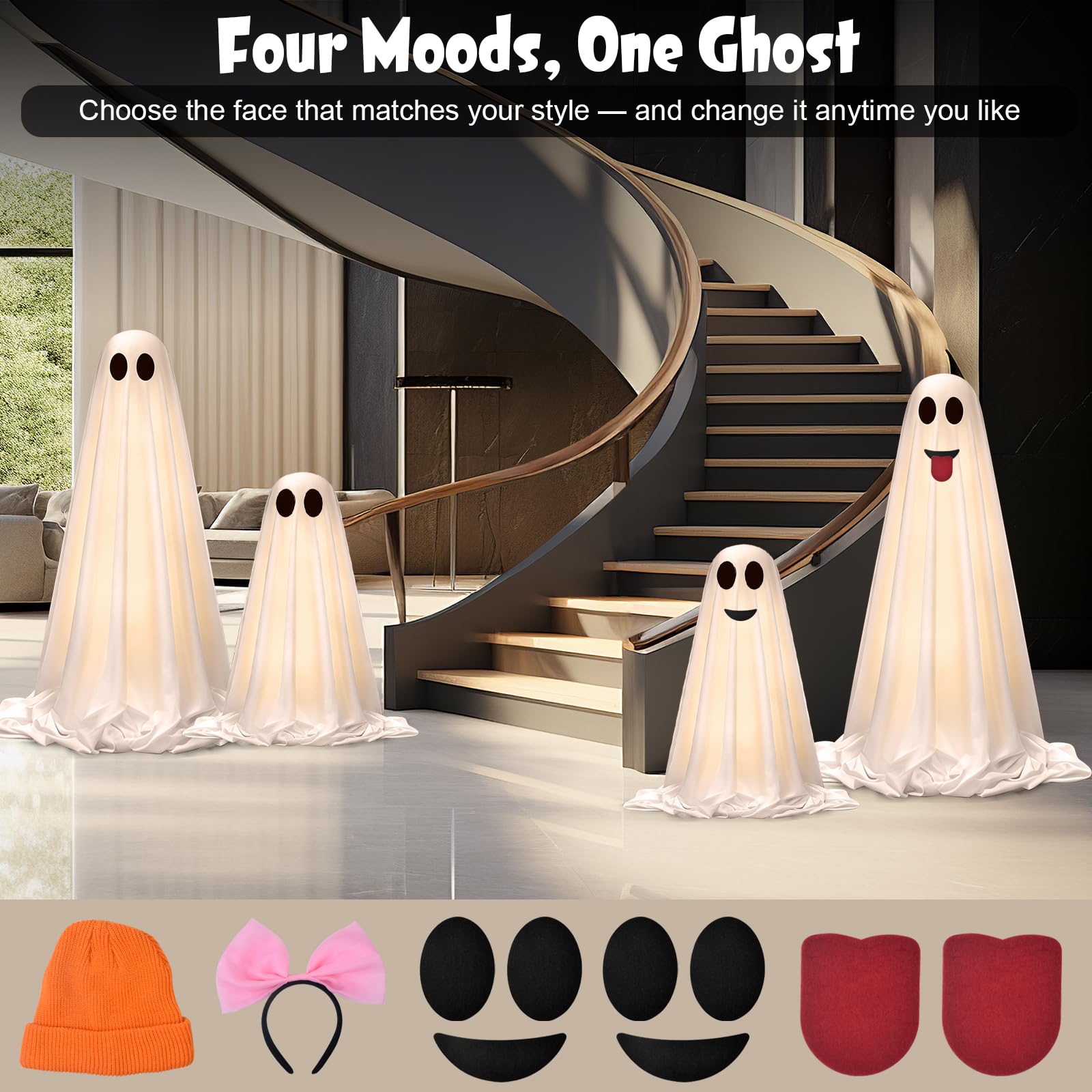 OOBILA accessory layout with felt eyes and hats for personalized ghost faces