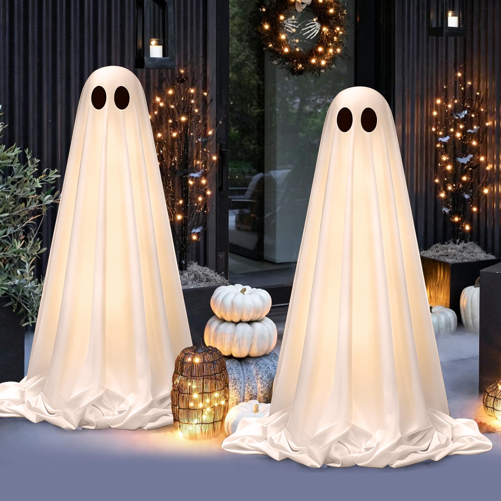OOBILA front porch display showing two lit ghosts creating welcoming ambiance
