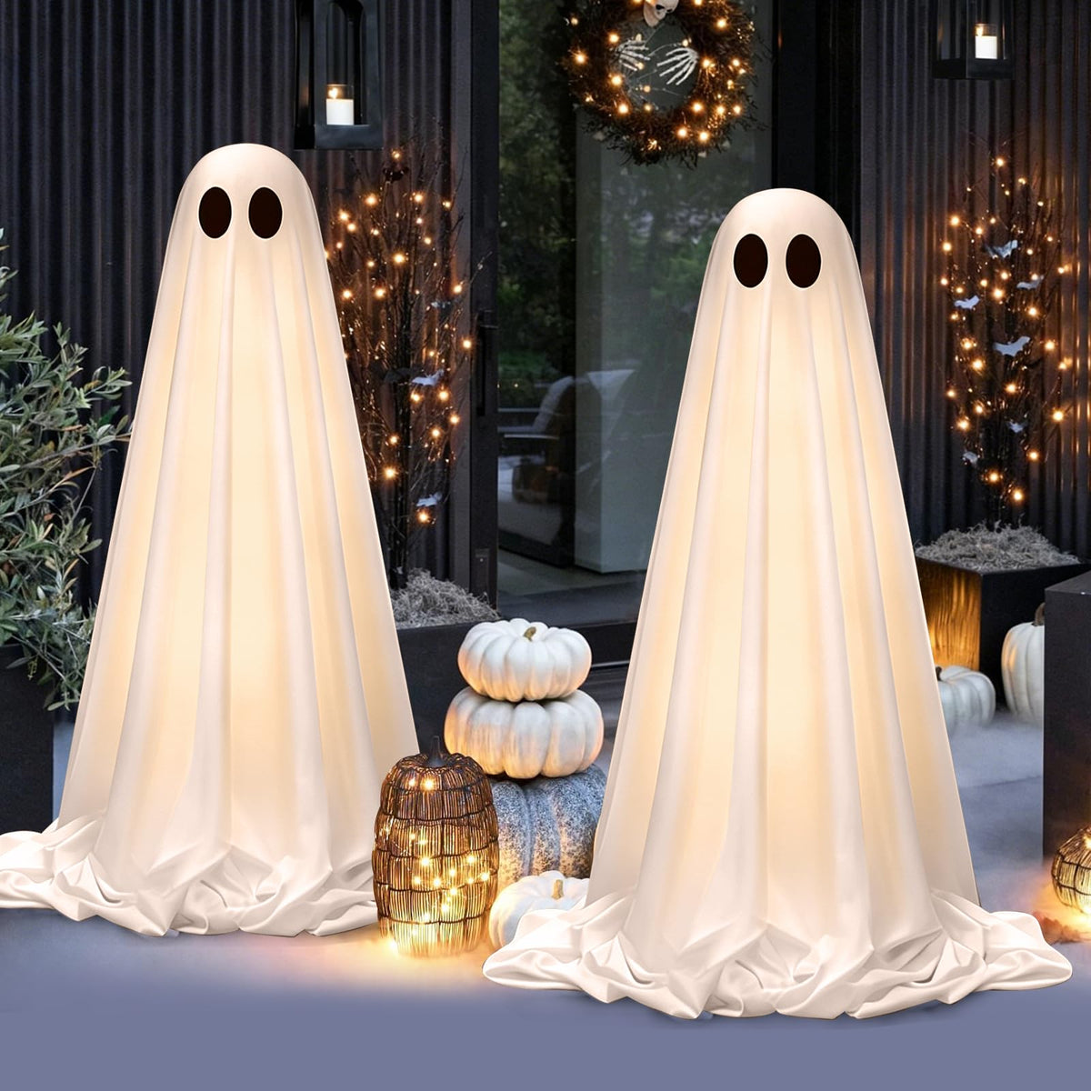 OOBILA front porch display showing two lit ghosts creating welcoming ambiance