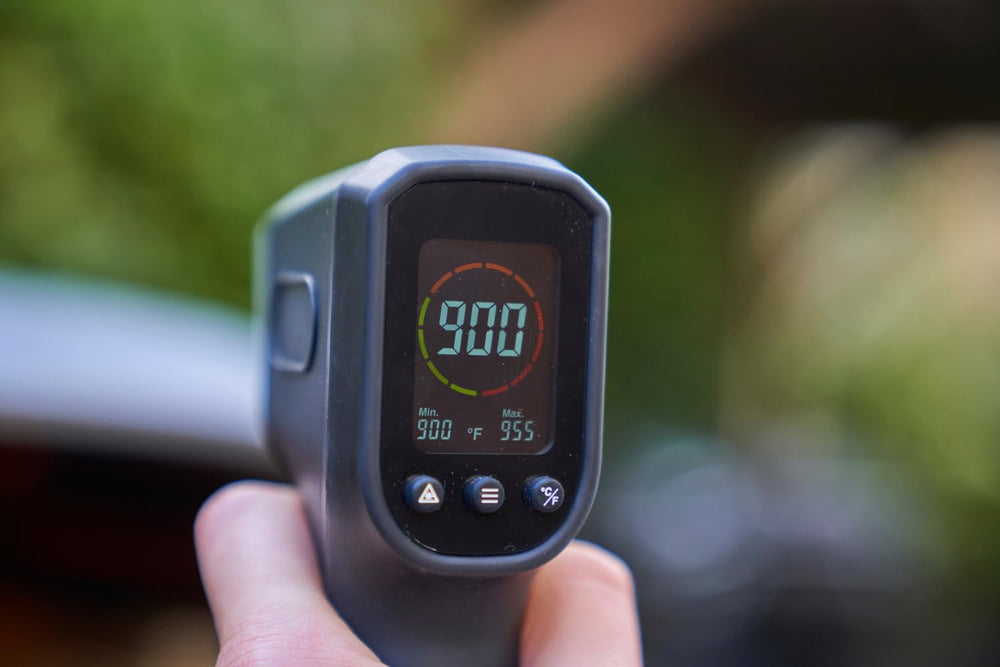 ooni thermometer laser pointed at baking stone to measure high oven heat accurately