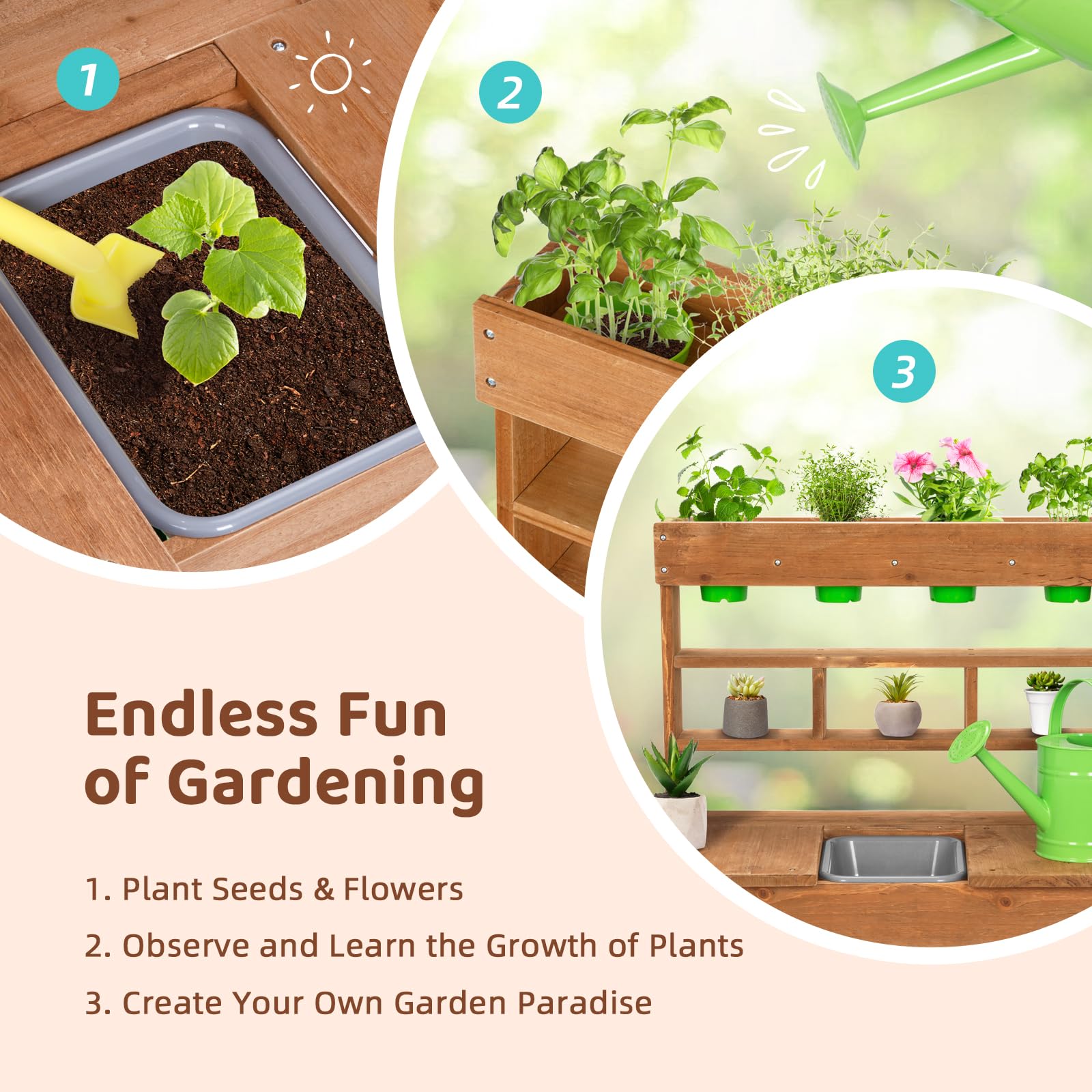 OOOK compact mud kitchen with gardening tools arranged highlighting space-saving outdoor play benefits
