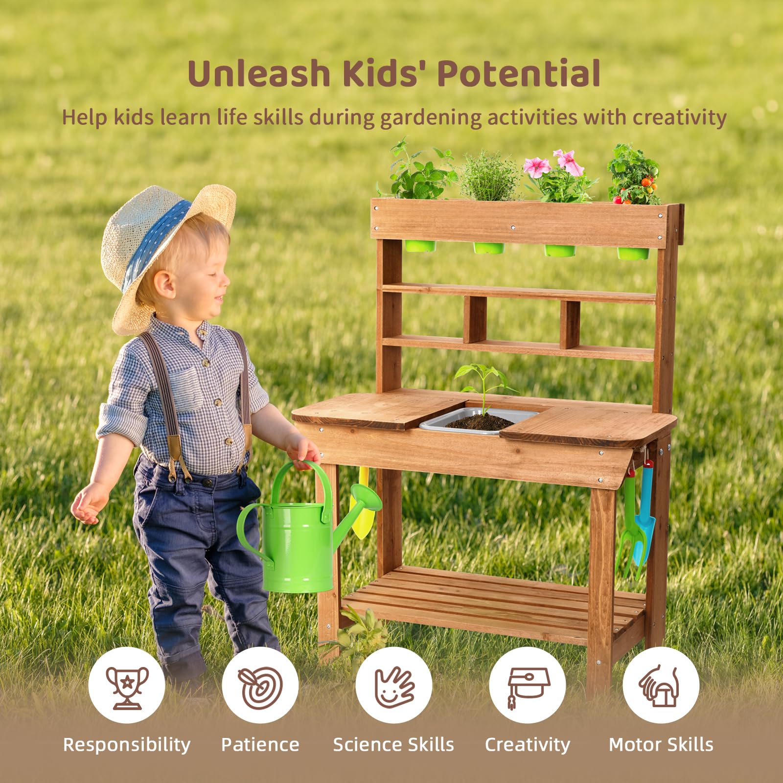 OOOK child using watering can at bench illustrating hands-on nature learning outdoors