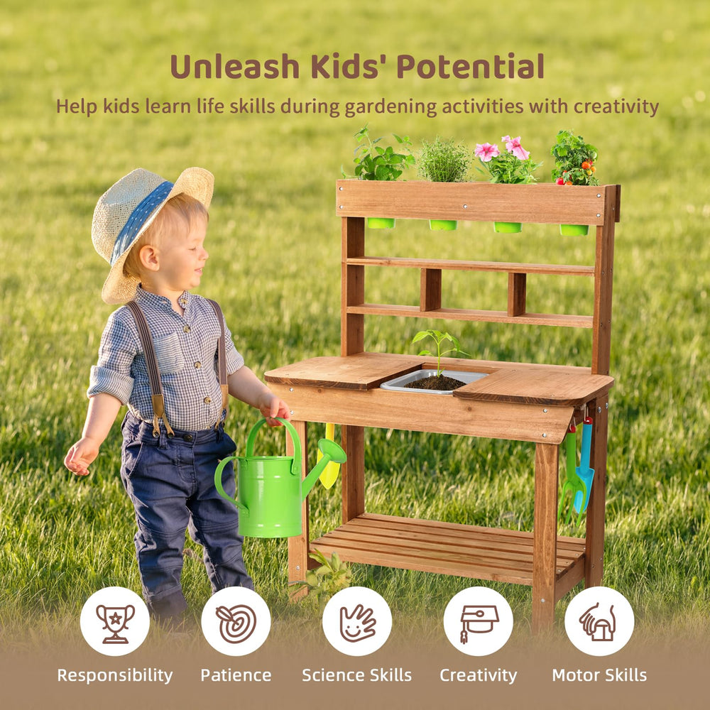 OOOK child using watering can at bench illustrating hands-on nature learning outdoors