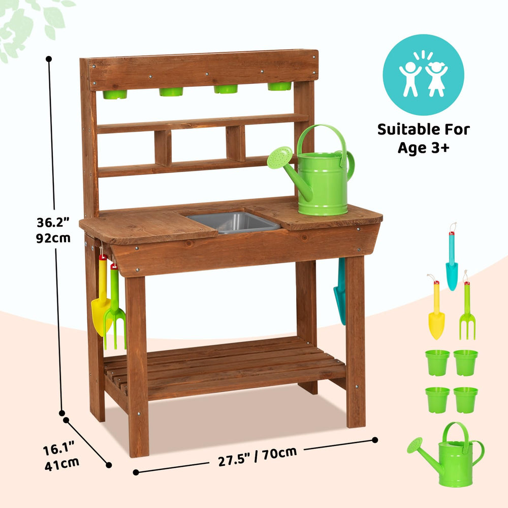 OOOK shelves and side hooks storing pots and tools for organized gardening and tidy play