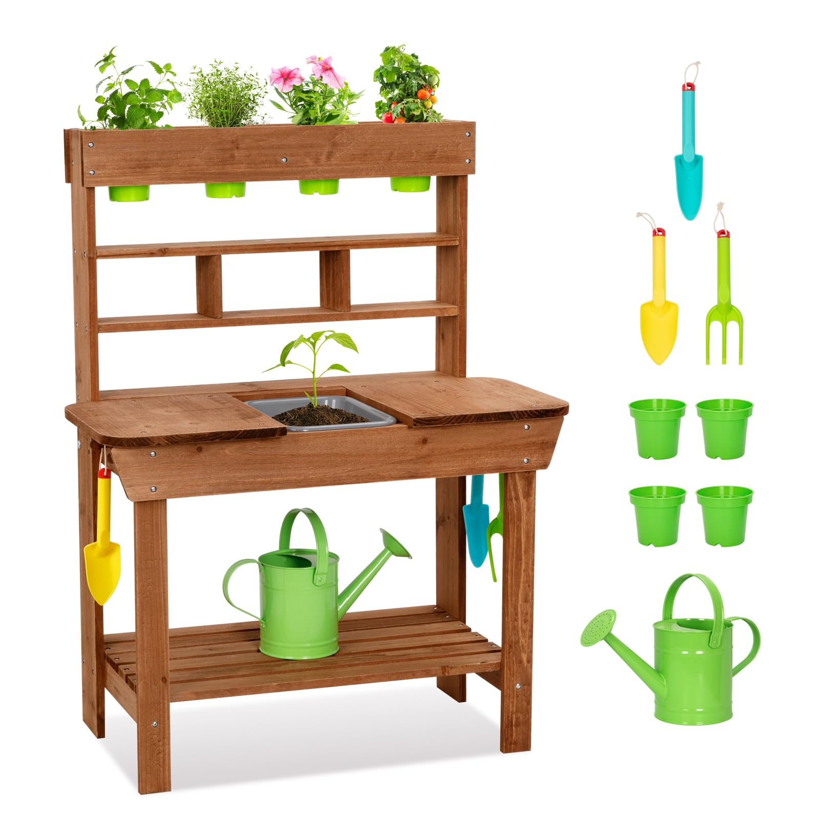 OOOK front view of fir wood potting bench showing durable play surface and accessories for creative play