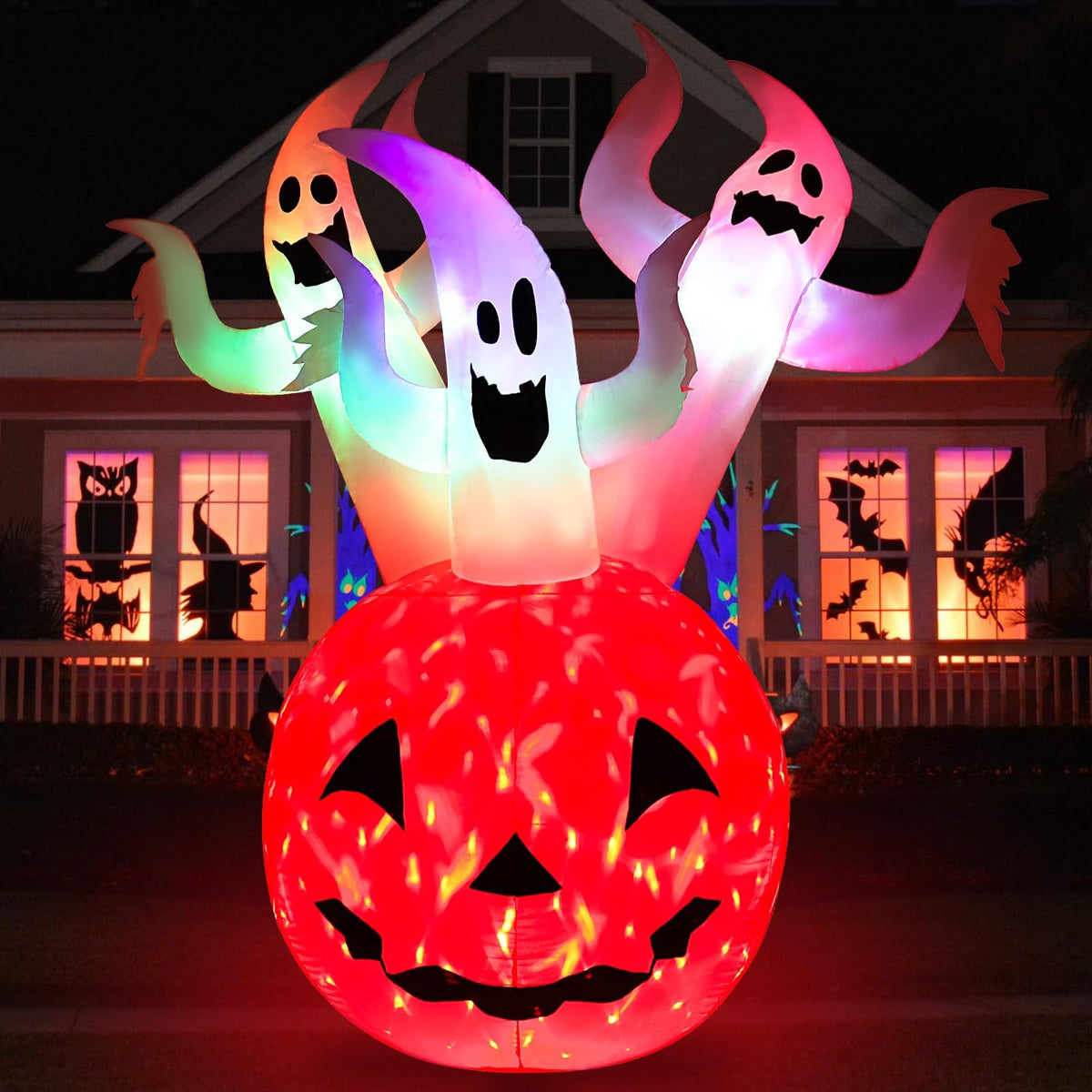 Opemon front view of three-ghost pumpkin inflatable showing festive curb appeal