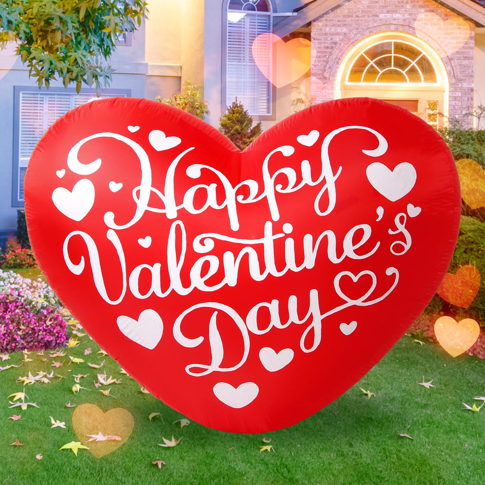 Opemon front view of 5ft heart inflatable showing bold greeting and bright color benefit