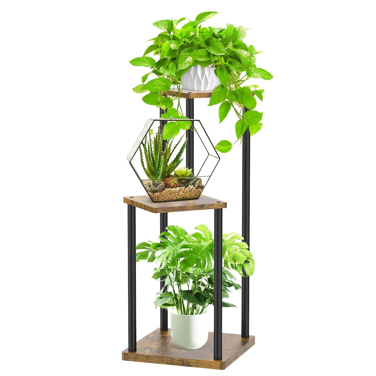 Oppro front view of three-tier plant stand showing modern silhouette and space savings