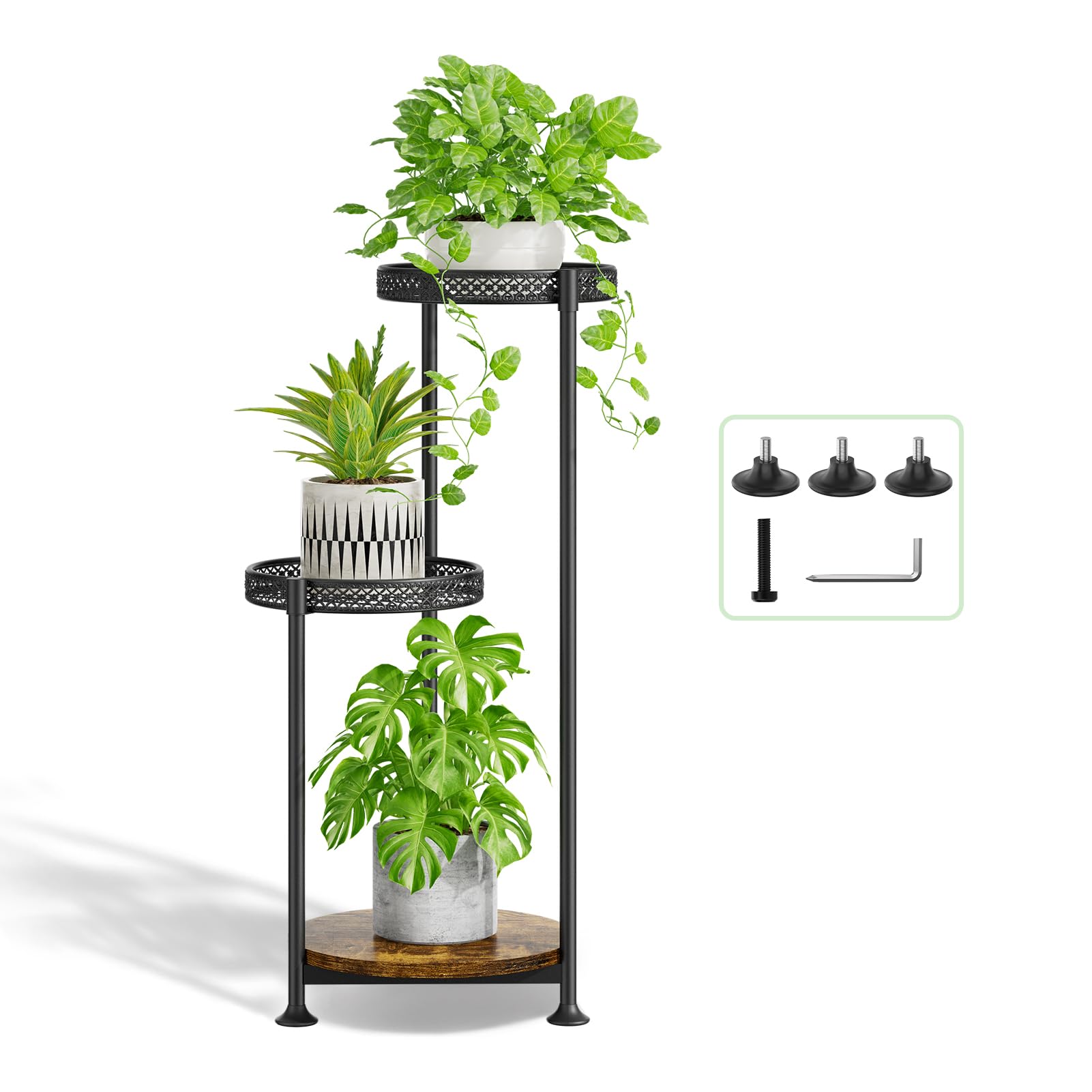 Oppro front view of 3-tier plant stand showcasing compact design and elegance