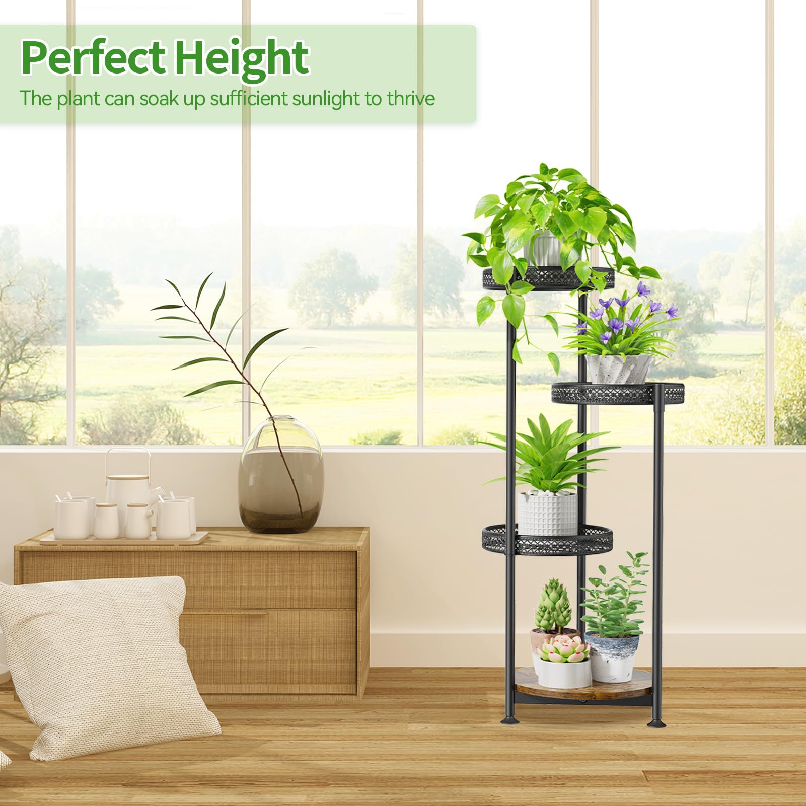 Oppro stand in living room displaying multiple plants attractively