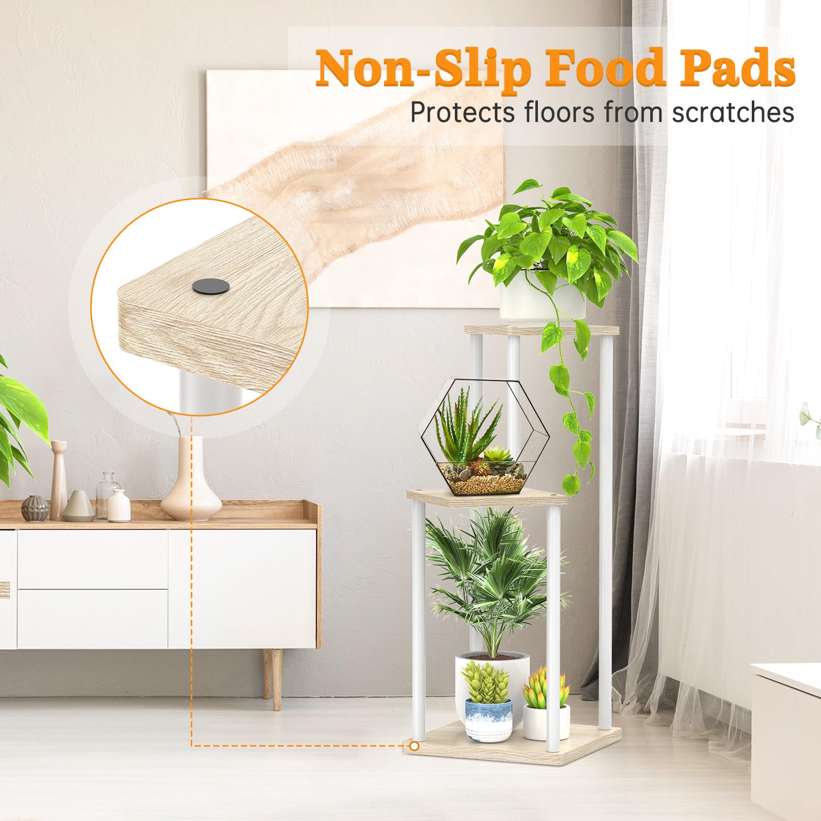 Oppro stand styled in living room to enhance decor and organize plants