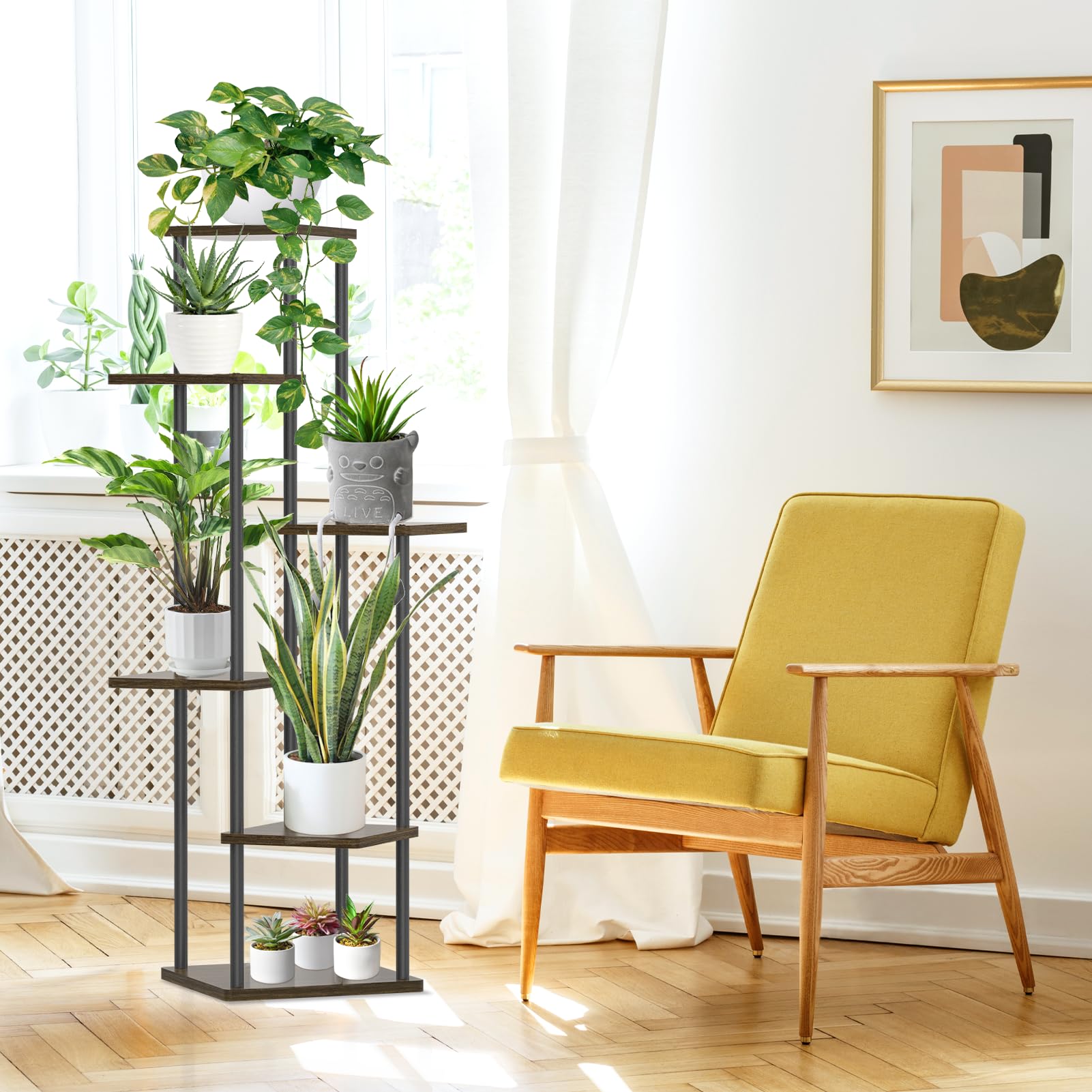 Oppro plant stand next to chair for scale showing narrow footprint advantage