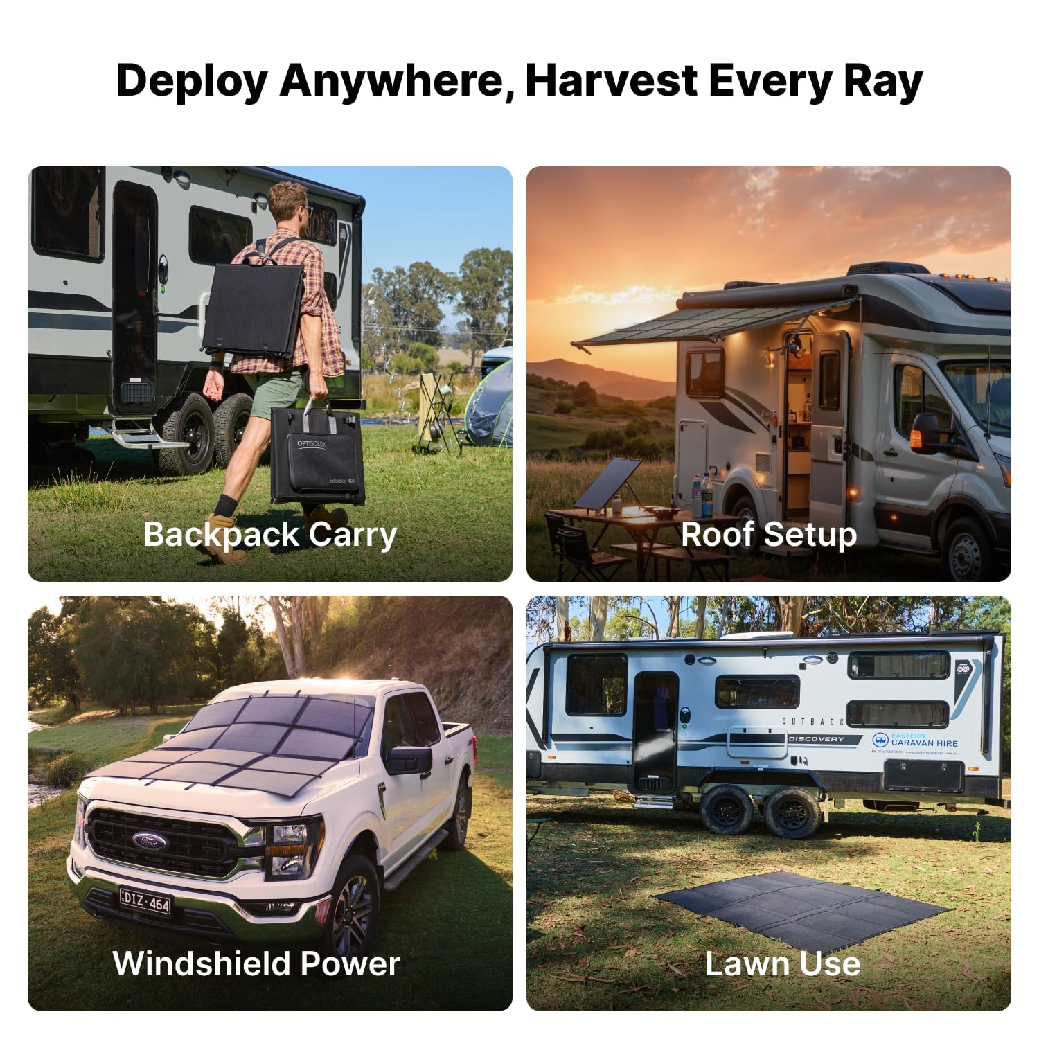 OPTISOLEX solarbag pitched beside an SUV at campsite offering reliable off-grid power
