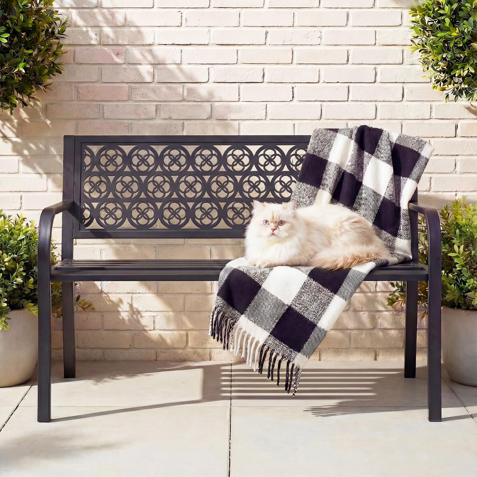 Optmspic front view bench showing elegant grid backrest and two-person capacity