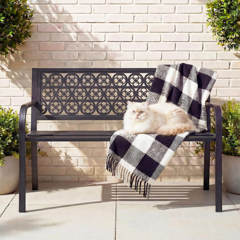 Optmspic front view bench showing elegant grid backrest and two-person capacity