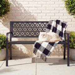 Optmspic front view bench showing elegant grid backrest and two-person capacity