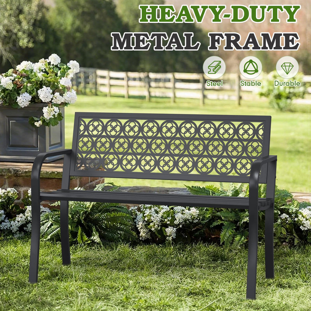 Optmspic bench next to adult for scale demonstrating compact 44-inch fit